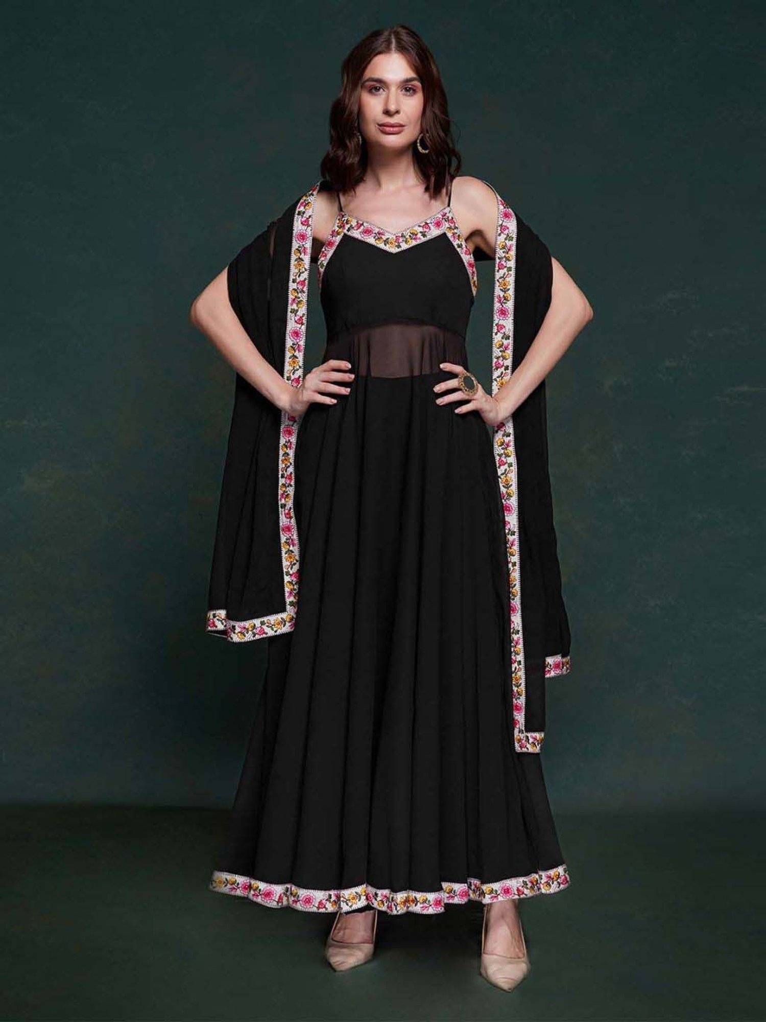 Odette Black Floral Print Kurta & Pant Set with Dupatta