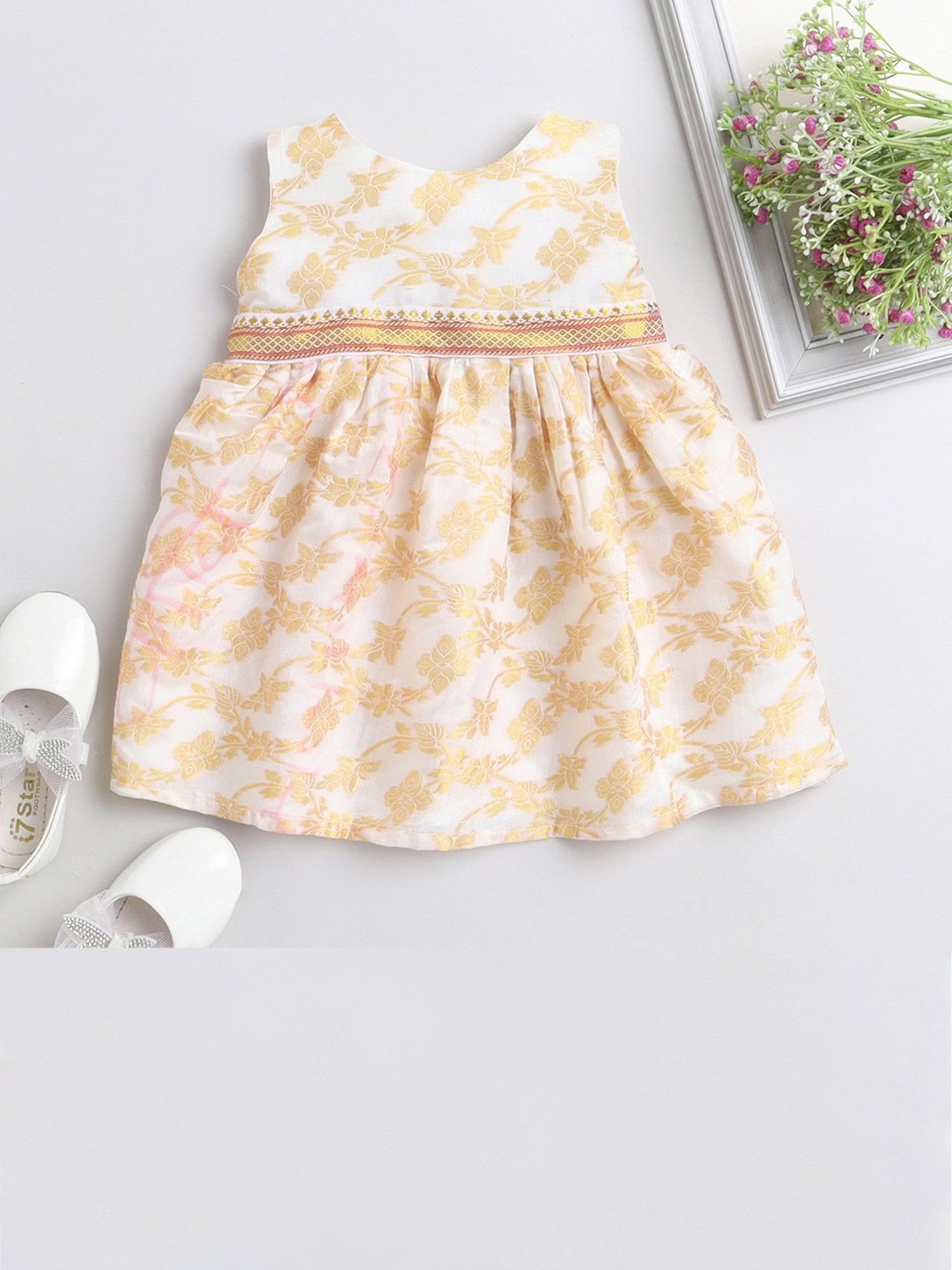 Many Frocks Kids Cream Self Design Dress