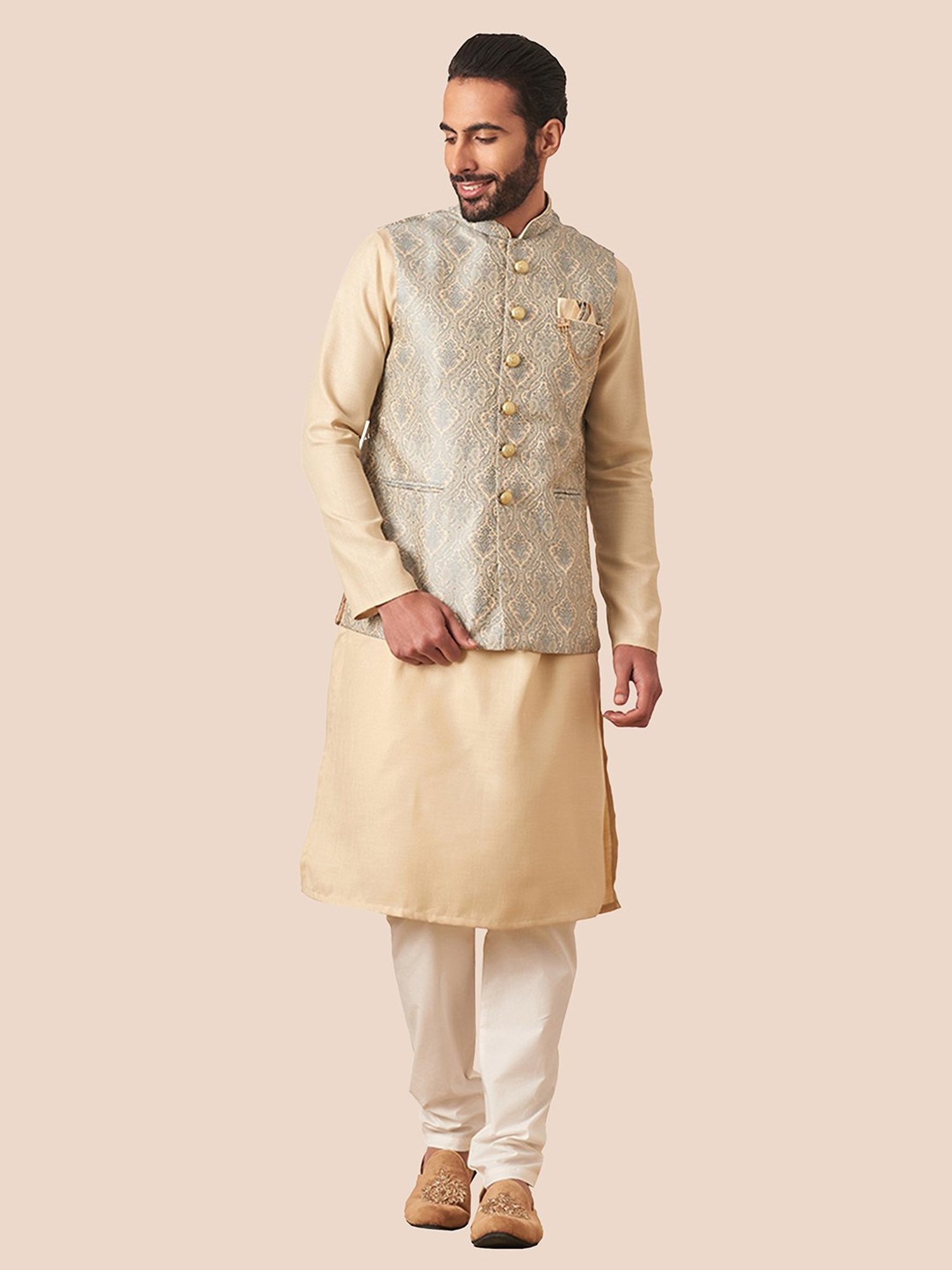 Manyavar Grey Regular Fit Printed Nehru Jacket