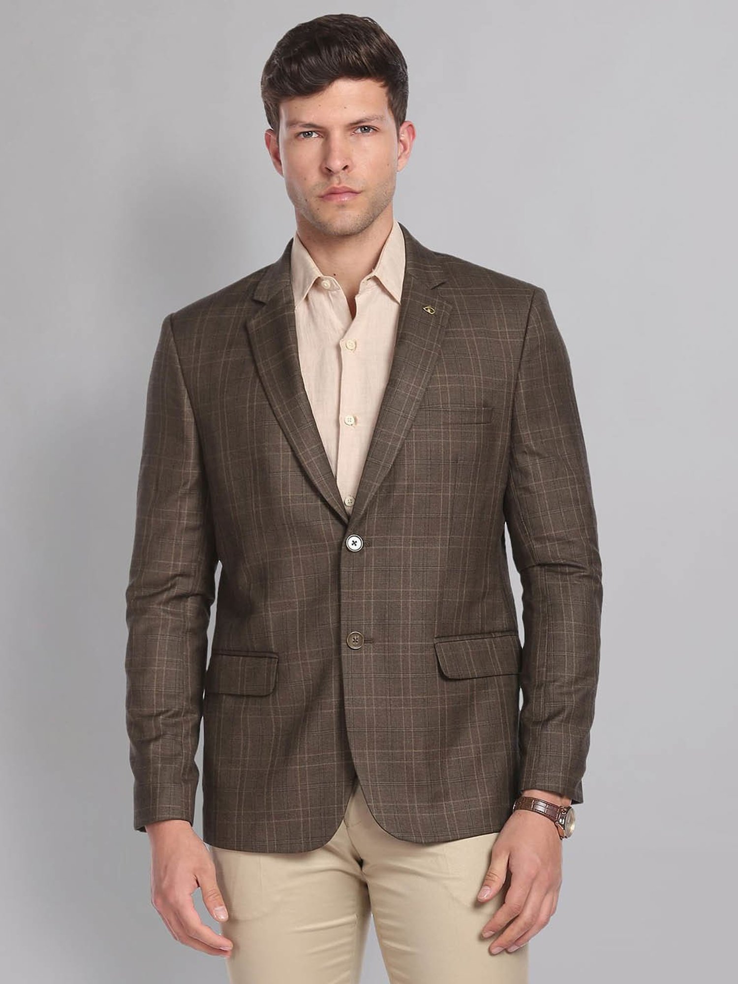 AD by Arvind Brown Regular Fit Check Blazer