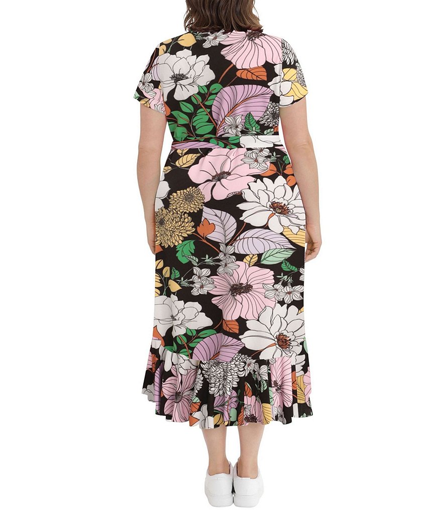 London Times Plus Size Jewel Neck Short Sleeve Floral Flounce Hi-Low Hem Maxi Dress