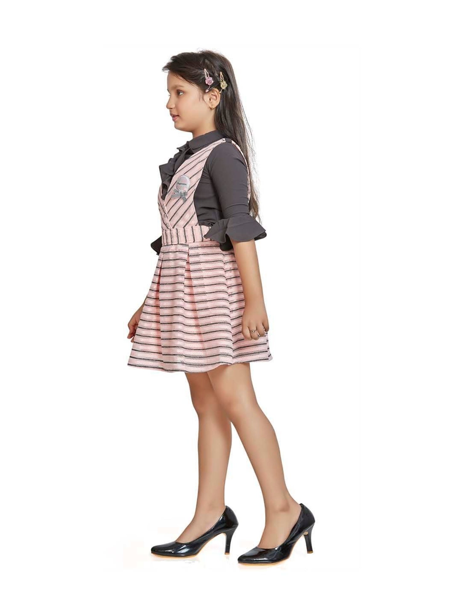 Peppermint Kids Peach & Black Striped Dress with Shirt