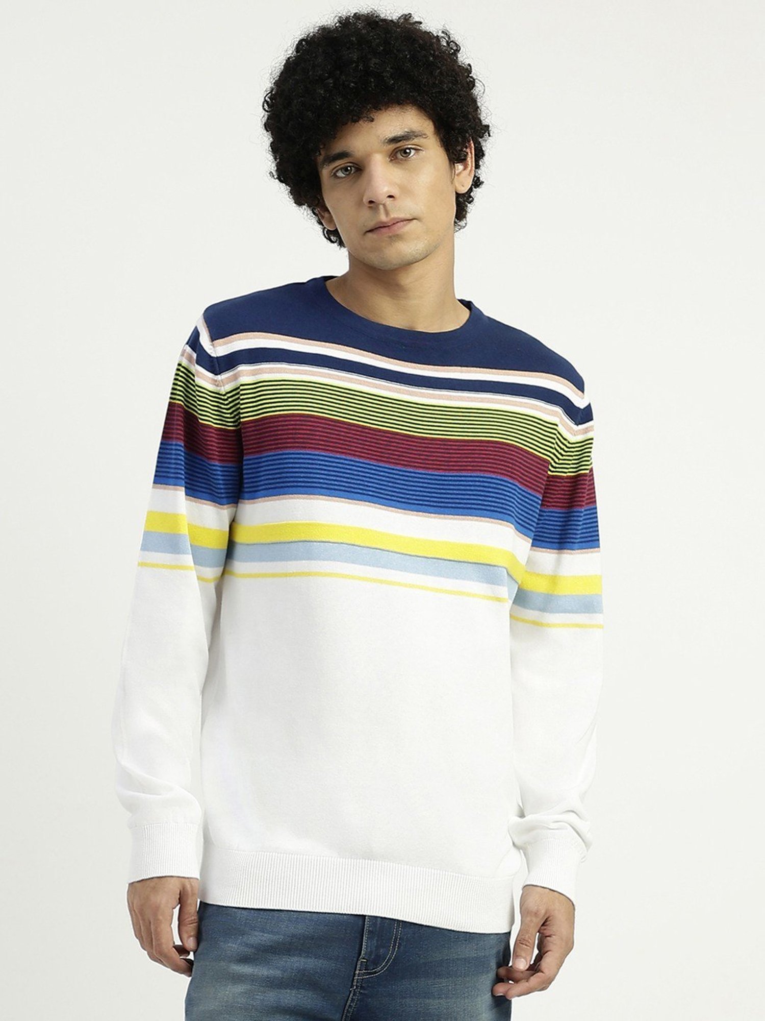 United Colors of Benetton White Pure Cotton Regular Fit Striped Sweater