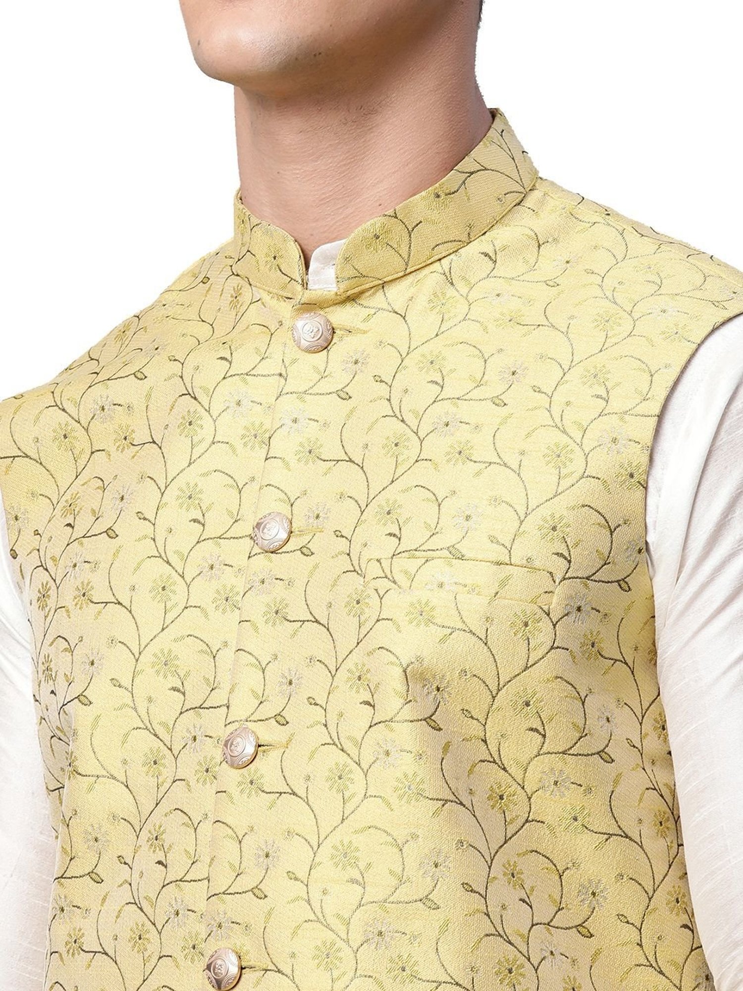 Jompers Yellow  Regular Fit Floral Print Nehru Jackets