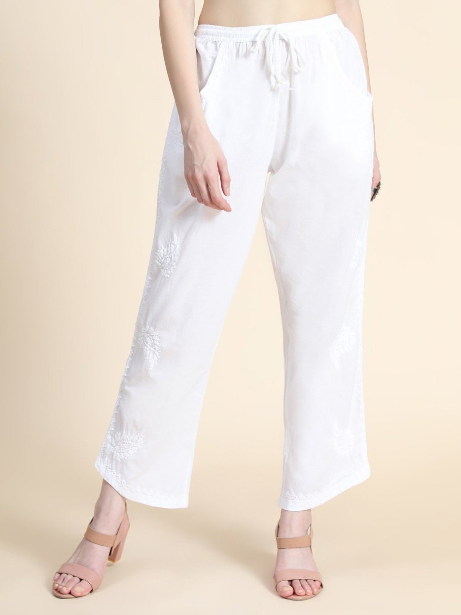 House Of Kari HOK Chikankari White Cotton Pant Trouser