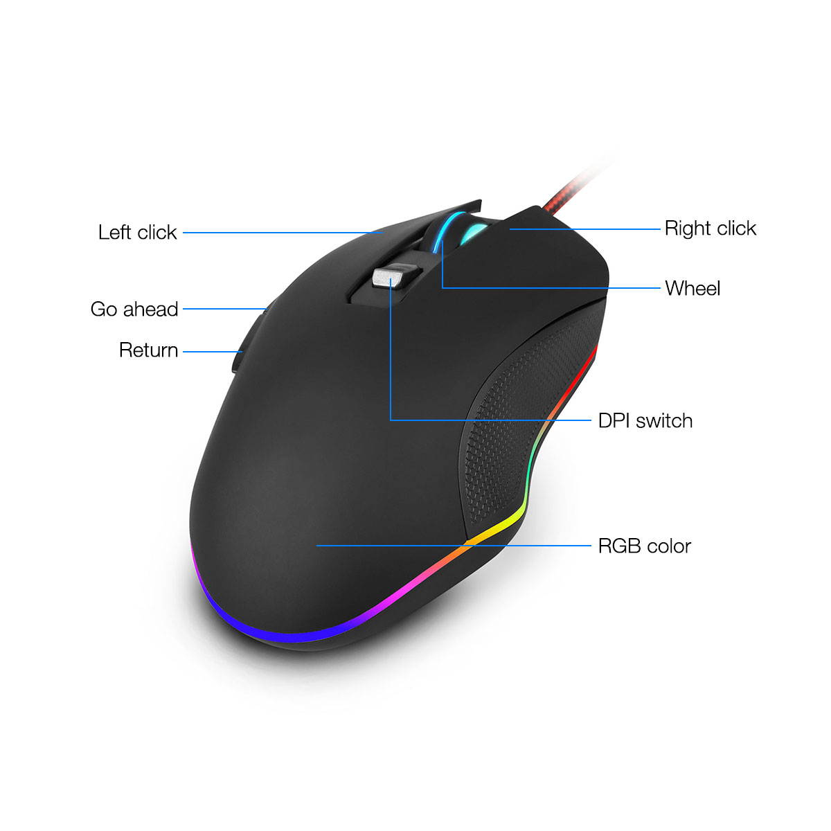 Wired Gaming Mouse RGB Backlight 3200DPI Programmable, Game USB Mice Desktop Laptop Computer PC Gaming Mouse, 6 Buttons Optical Mic for Windows 7/8/10/XP Vista Linux, Black