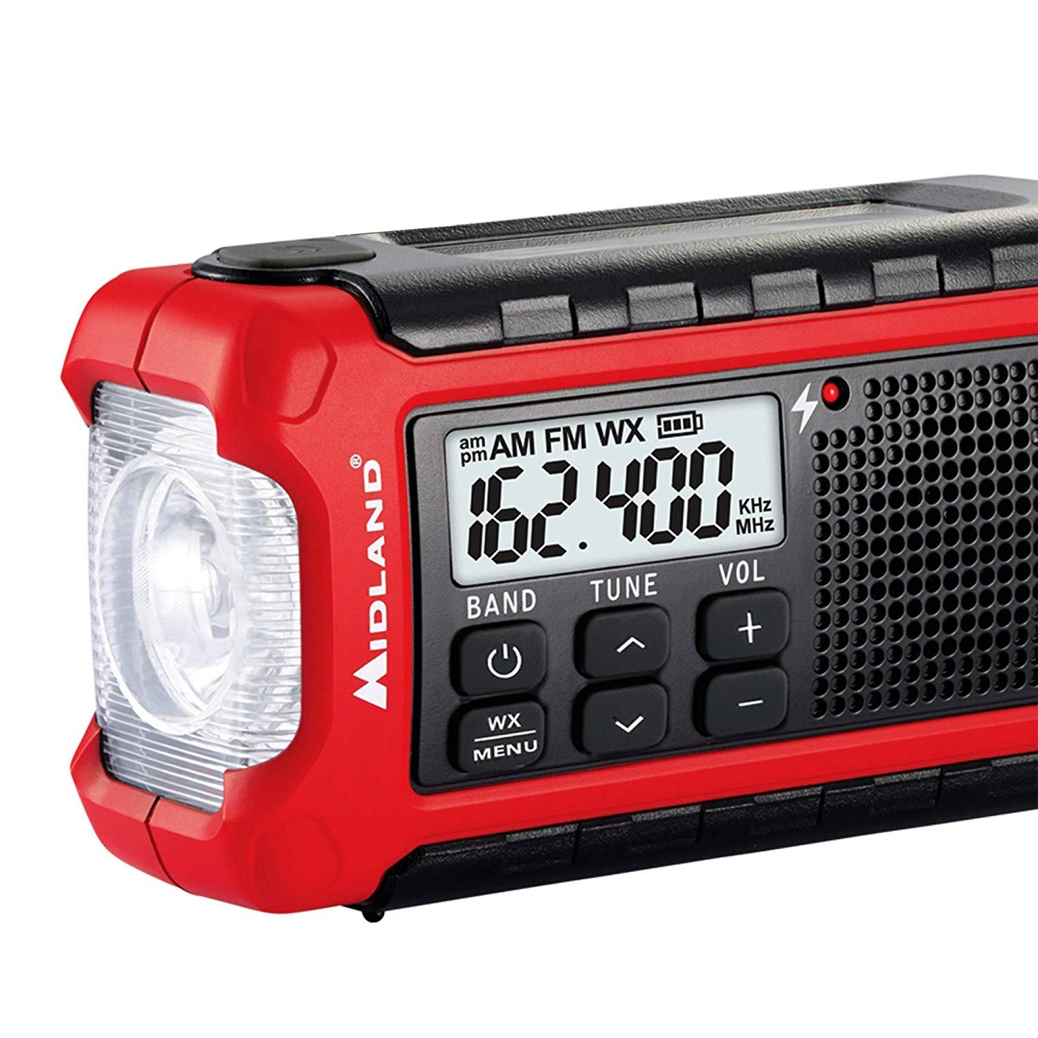 Midland - ER210, Emergency Compact Crank Weather AM/FM Radio - Multiple Power Sources, SOS Emergency Flashlight, NOAA Weather Scan + Alert, & Smartphone/Tablet Charger (Red/Black)