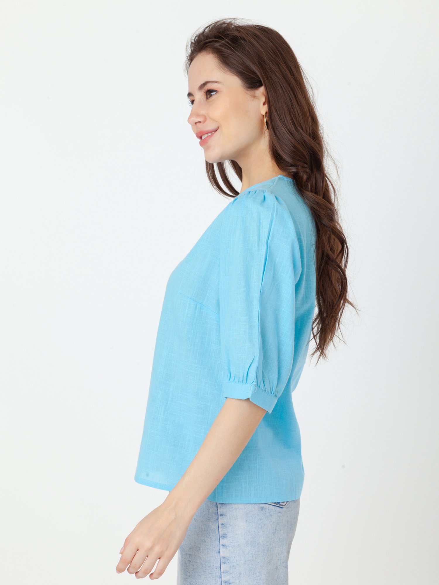 Zink London Sky Blue Cotton Regular Fit Top