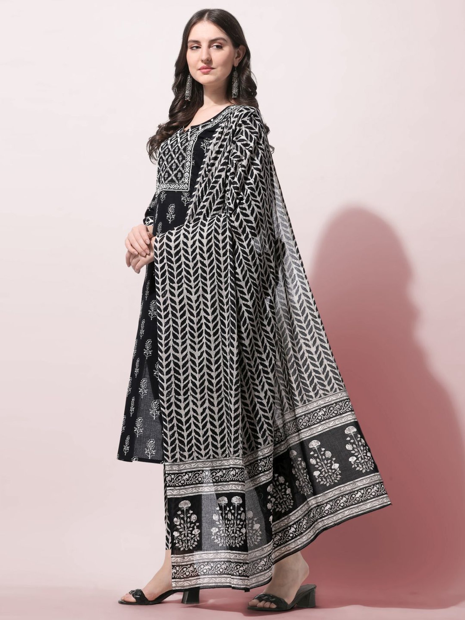 MIRCHI FASHION Black Cotton Embroidered Kurta Pant Set With Dupatta