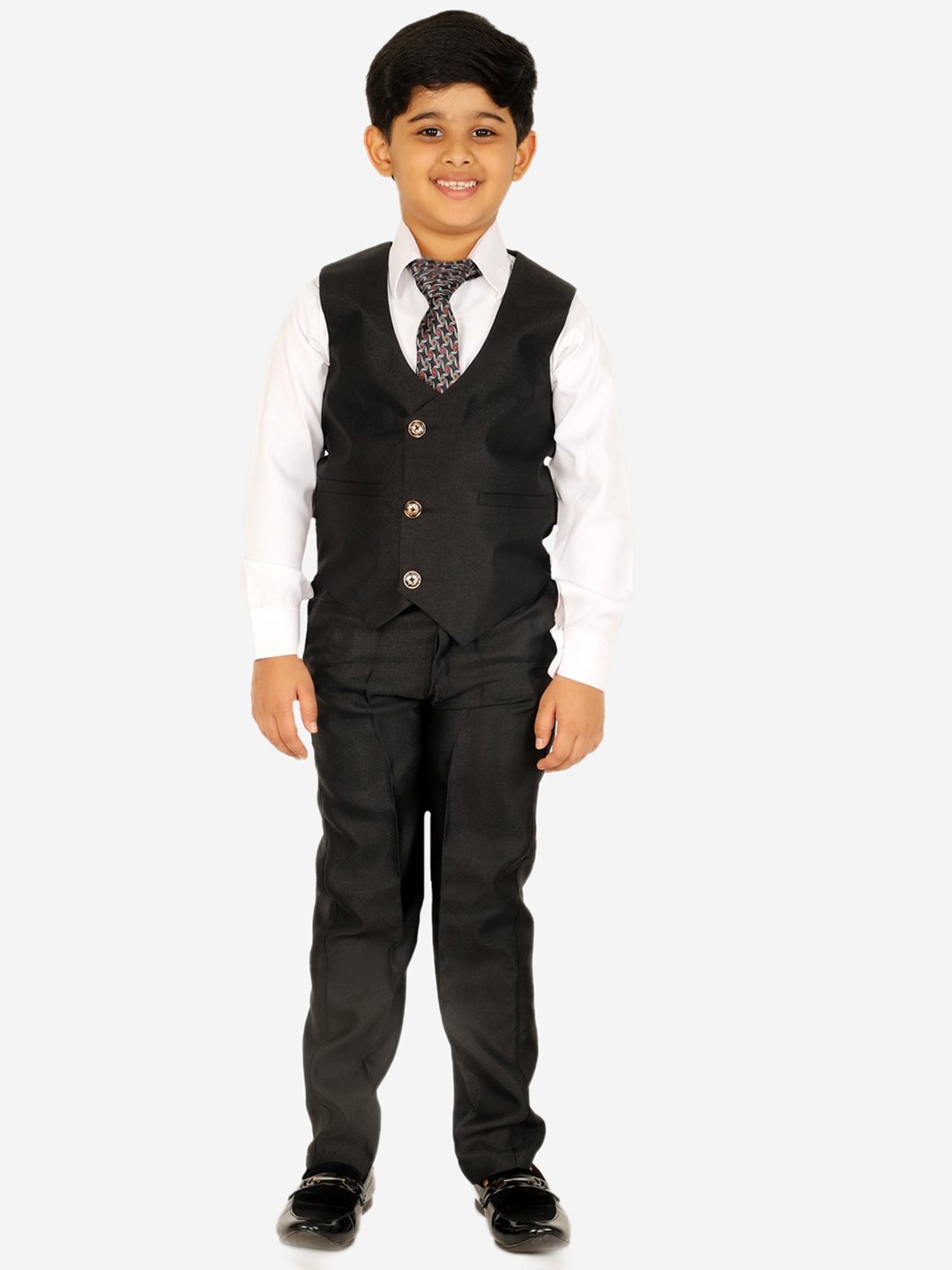 Pro-Ethic Style Developer Kids Black & White Solid Full Sleeves Shirt, Waistcoat, Pants with Tie