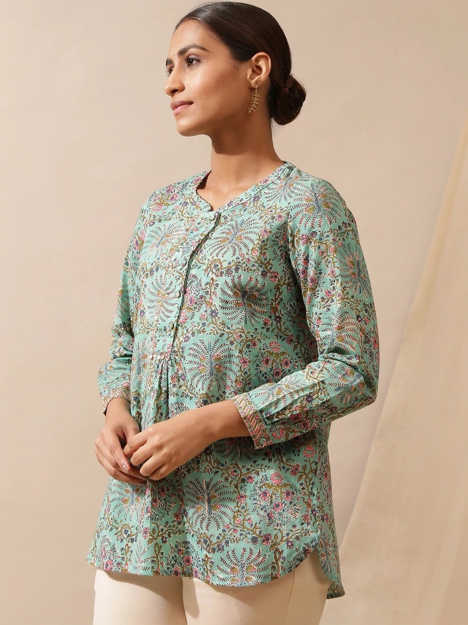 Folksong by W Mist Green Cotton Printed Top