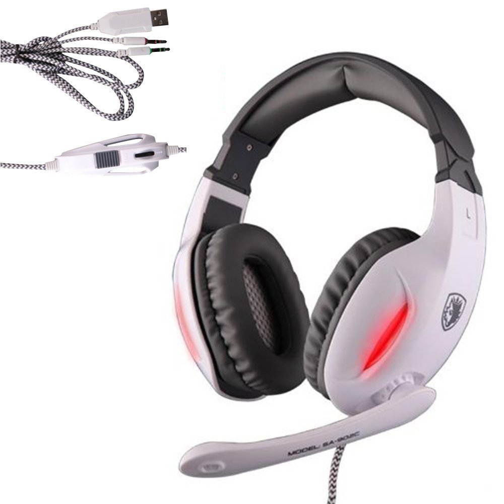 Sades Gaming Headset 3.5mm Wired Stereo Headphone Headband LED Light Over-Ear Noise Cancelling Headphones with Microphone Volume Control for PC Computer (white)