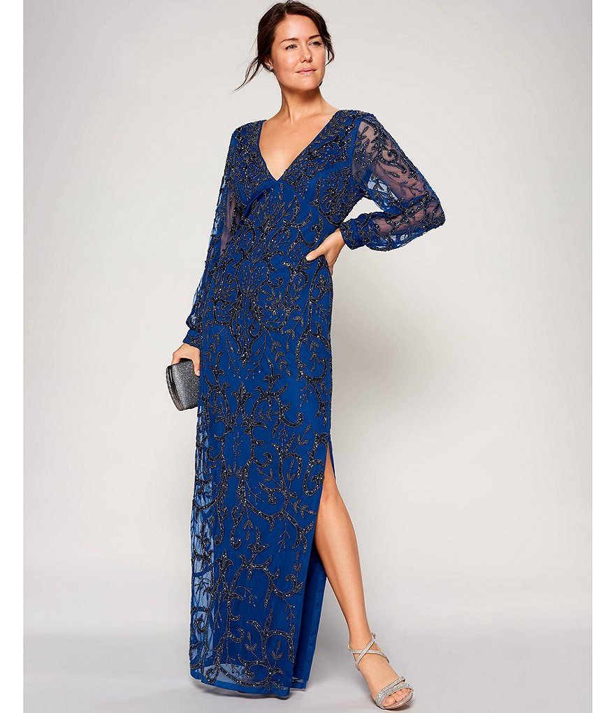 Aidan Mattox Plunge V-Neck Long Illusion Balloon Sleeve Beaded Mesh Side Slit Gown