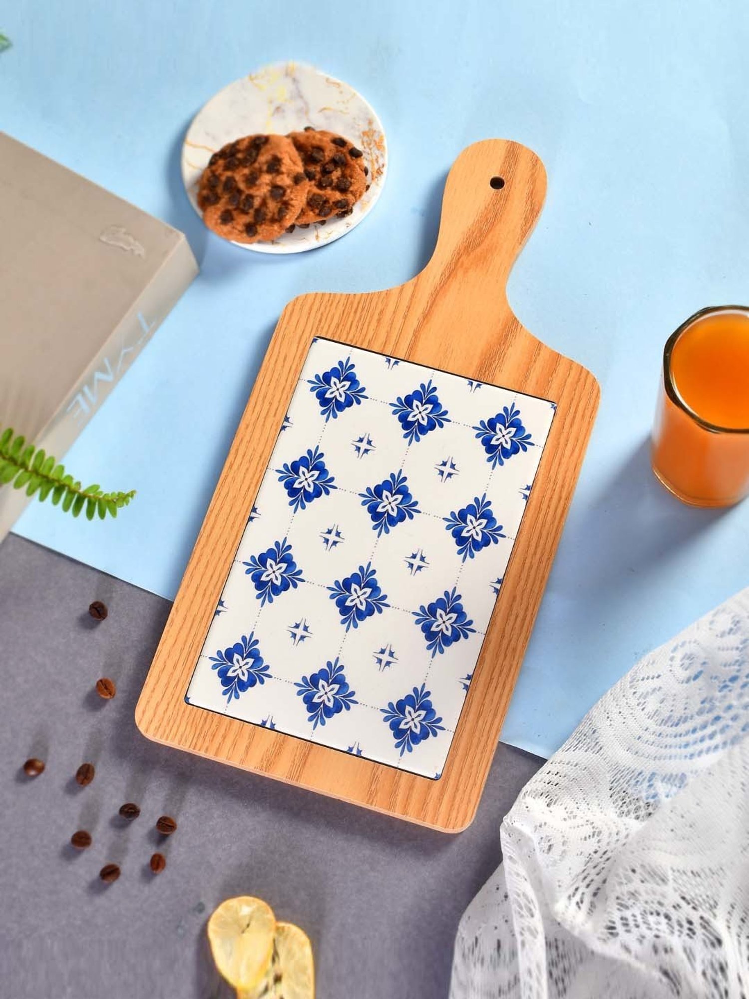 TAYHAA Blue & Brown Ceramic Appetizer Platter With Handle