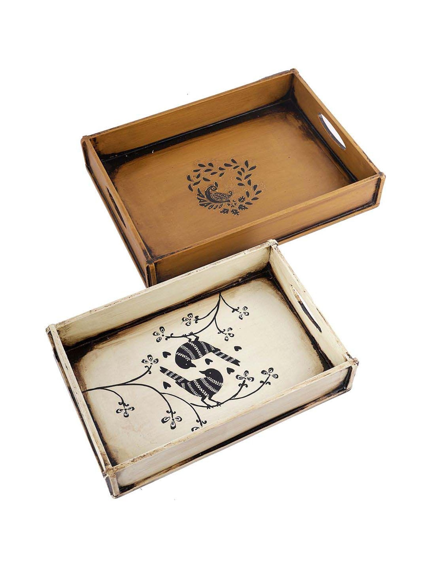 Aapno Rajasthan Brown & White Wooden Serving Tray - Set of 2