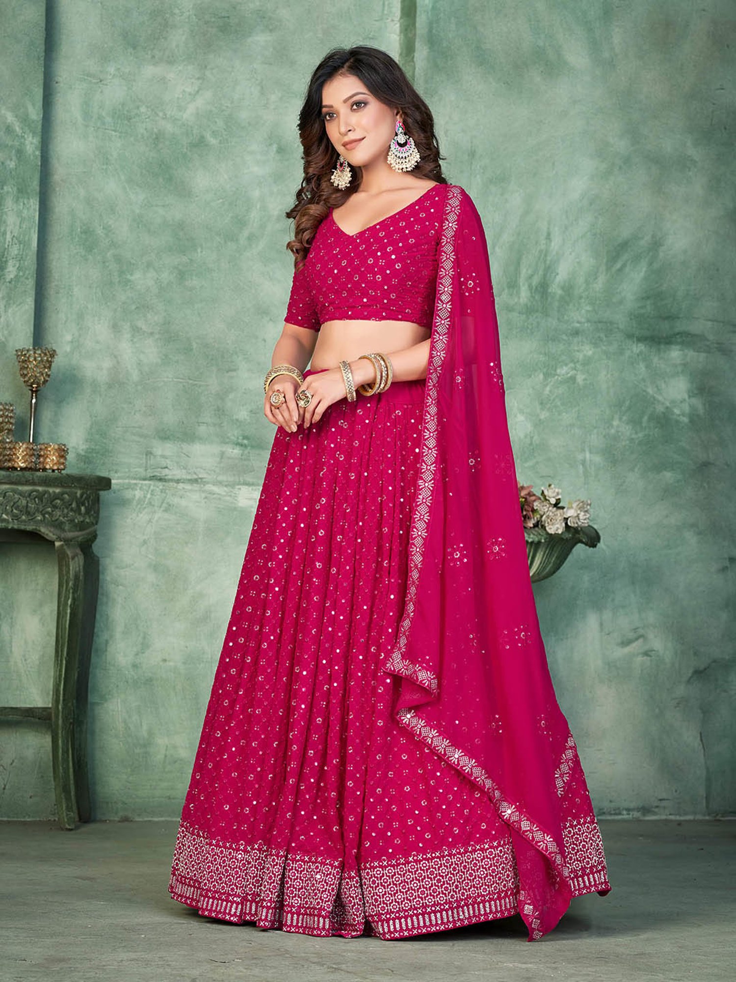 Warthy Ent Dark Pink Embroidered Lehenga Choli Set With Dupatta