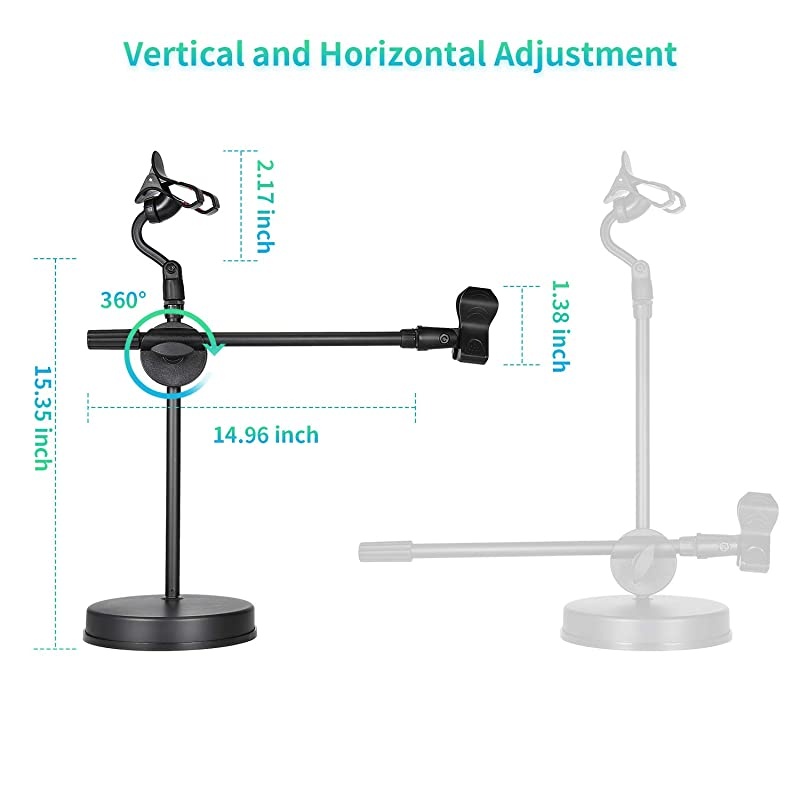 Desk Microphone Stand with Smartphone Holder, Adjustable mic stand with Non-Slip mic holder clamp, Heavy Round Base