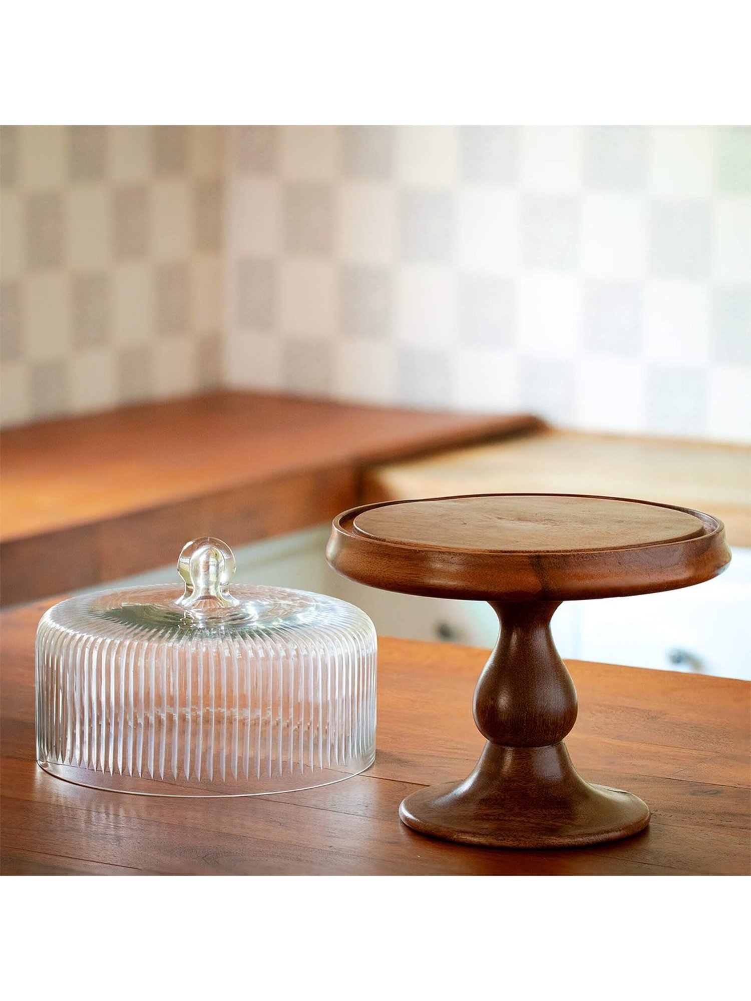 ellementry Fluted Transparent Glass Cloche with Stand - Set of 1