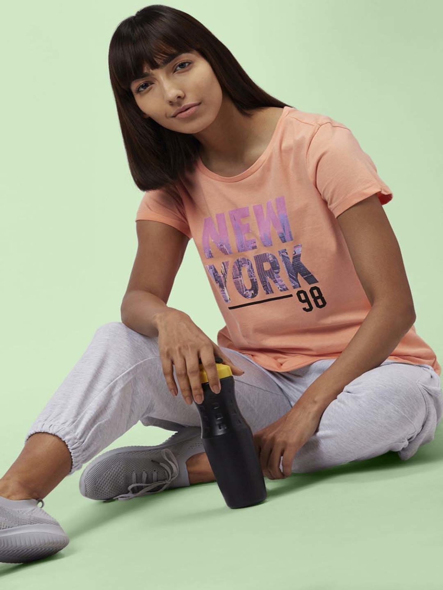 Ajile by Pantaloons Peach Cotton Graphic Print Sports T-Shirt