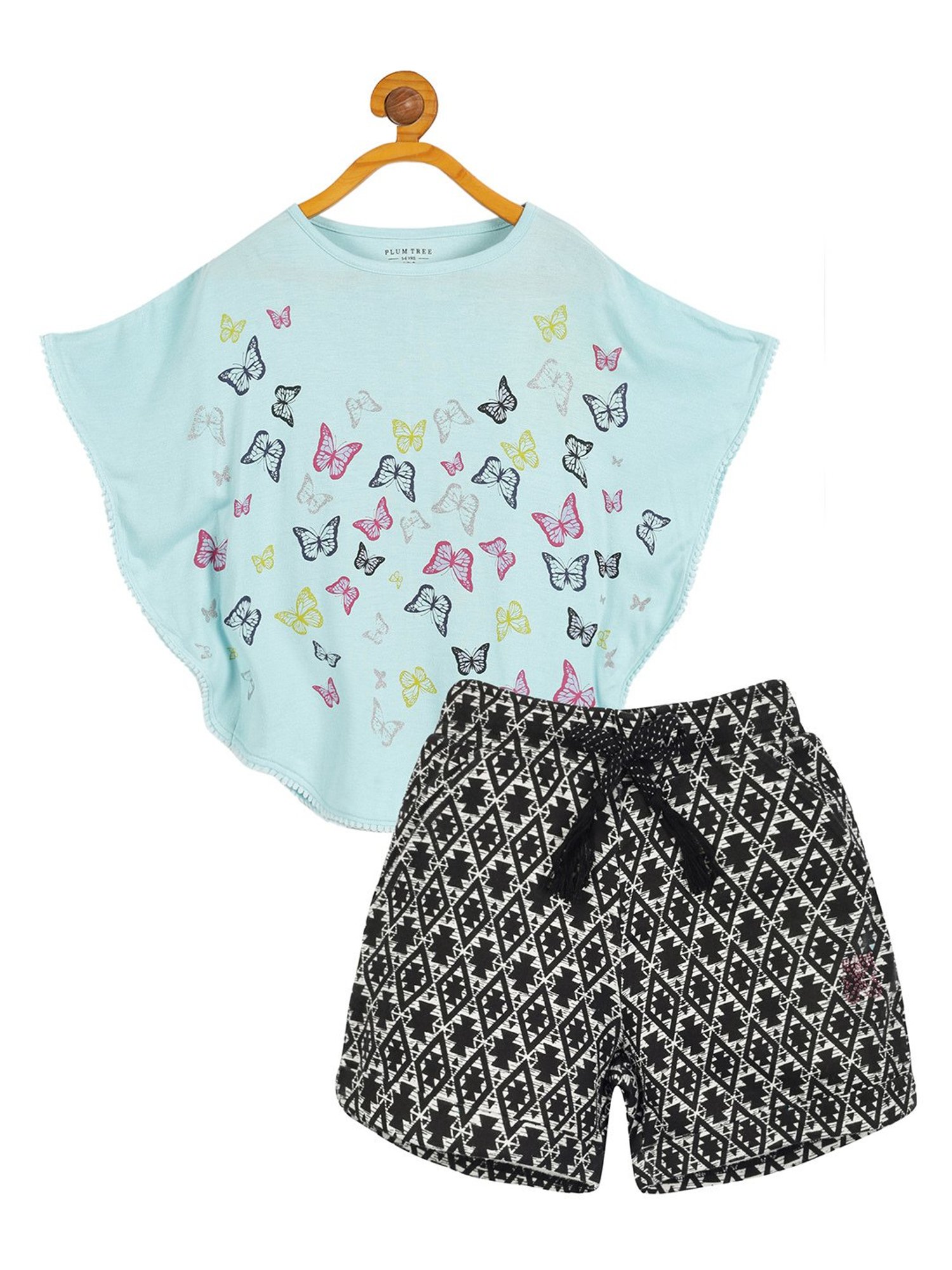 Plum Tree Kids Aqua Blue & Black Printed Poncho T-Shirt with Shorts