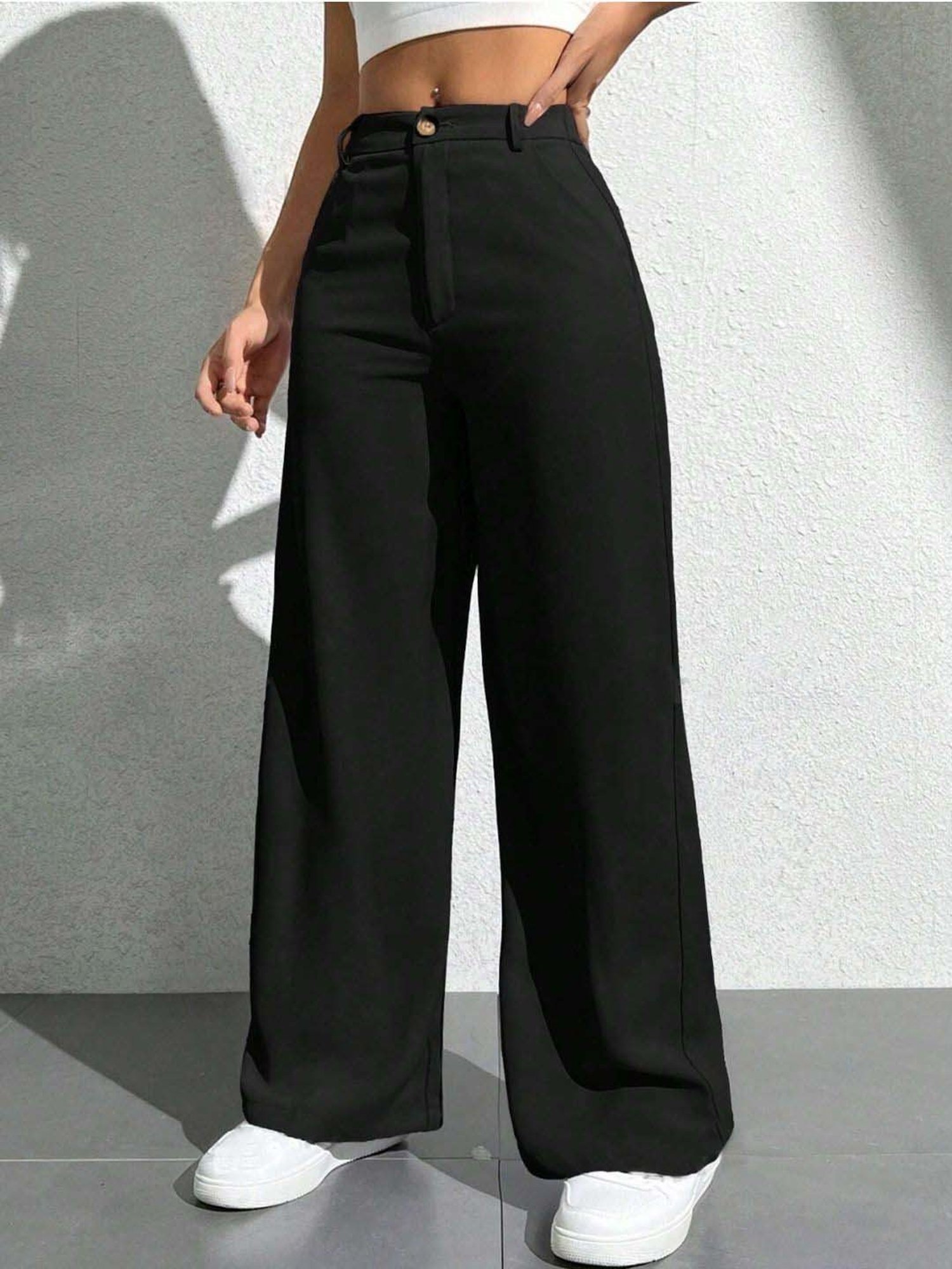 BUYNEWTREND Black High rise Formal Trousers