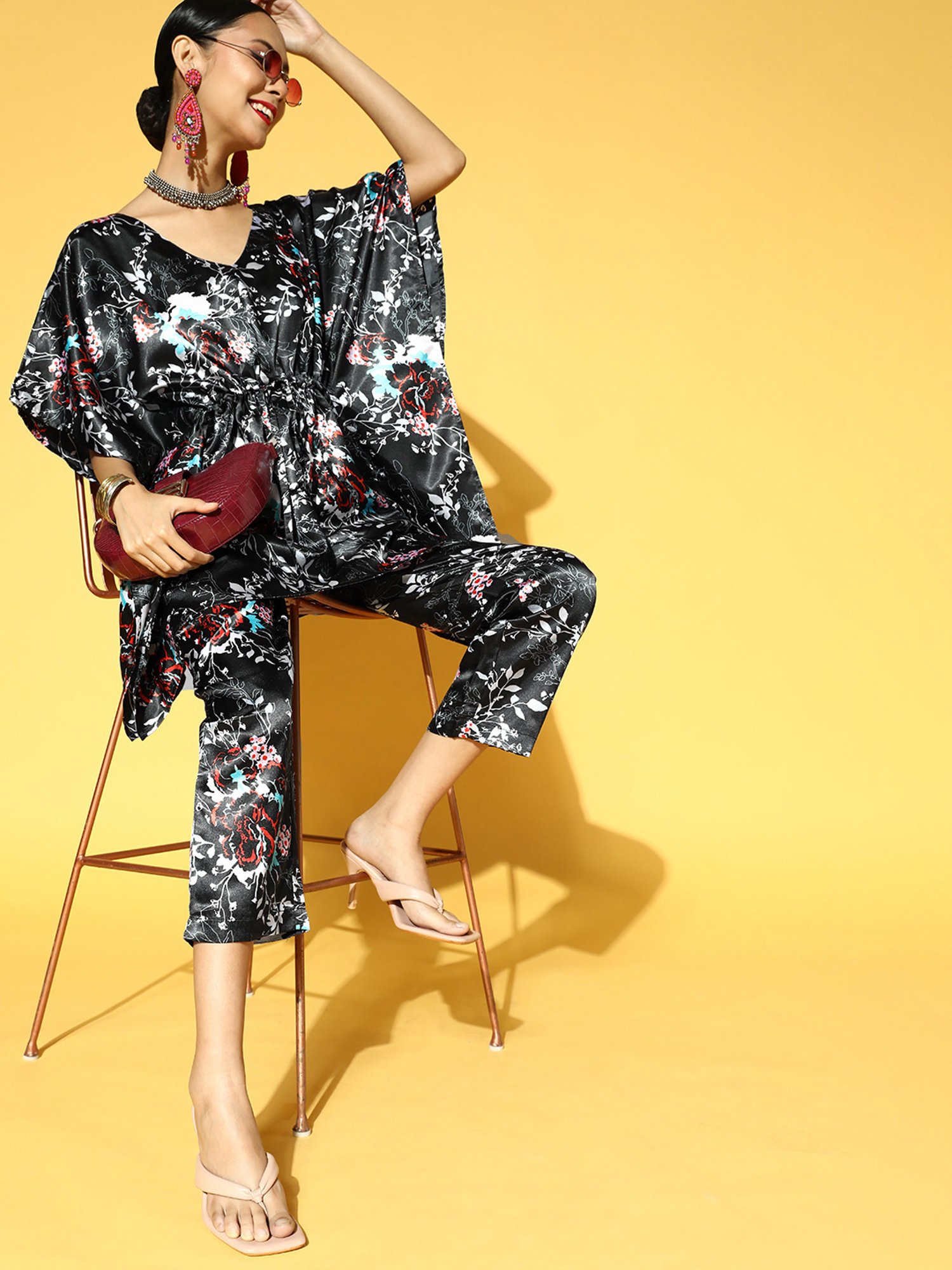 PANIT Black Printed Kaftan Kurta Pant Set