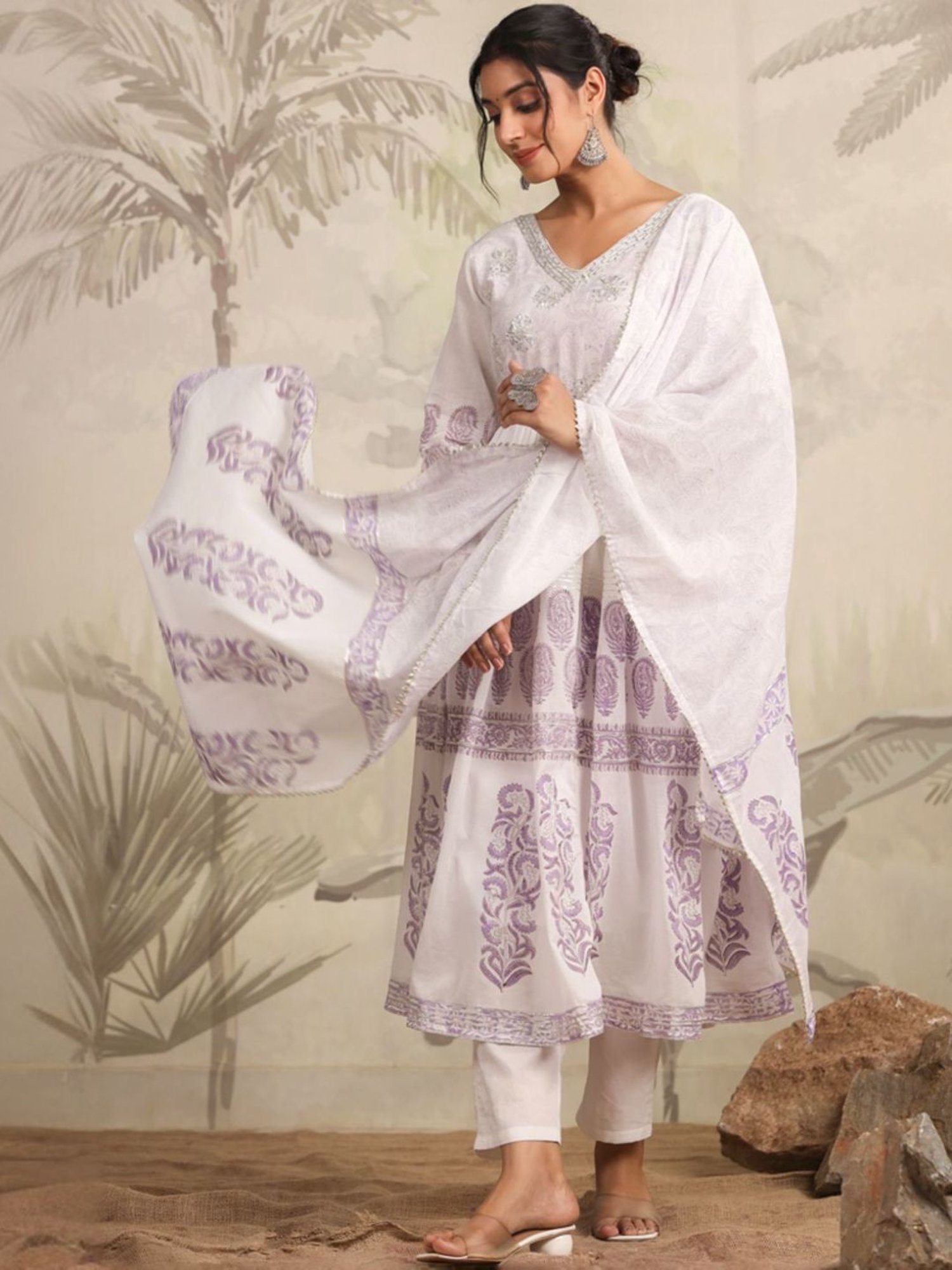 SCAKHI White & Lavender Hand-Block Printed Anarkali Kurta And Pant With Dupatta