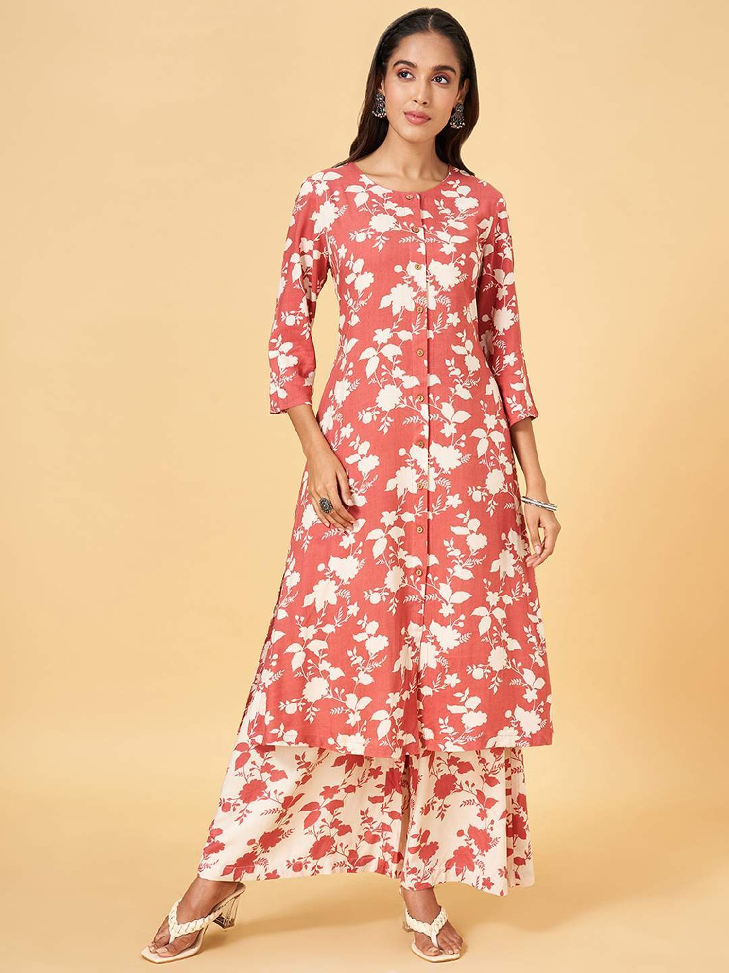 Rangmanch by Pantaloons Peach & White Printed Kurta Palazzo Set