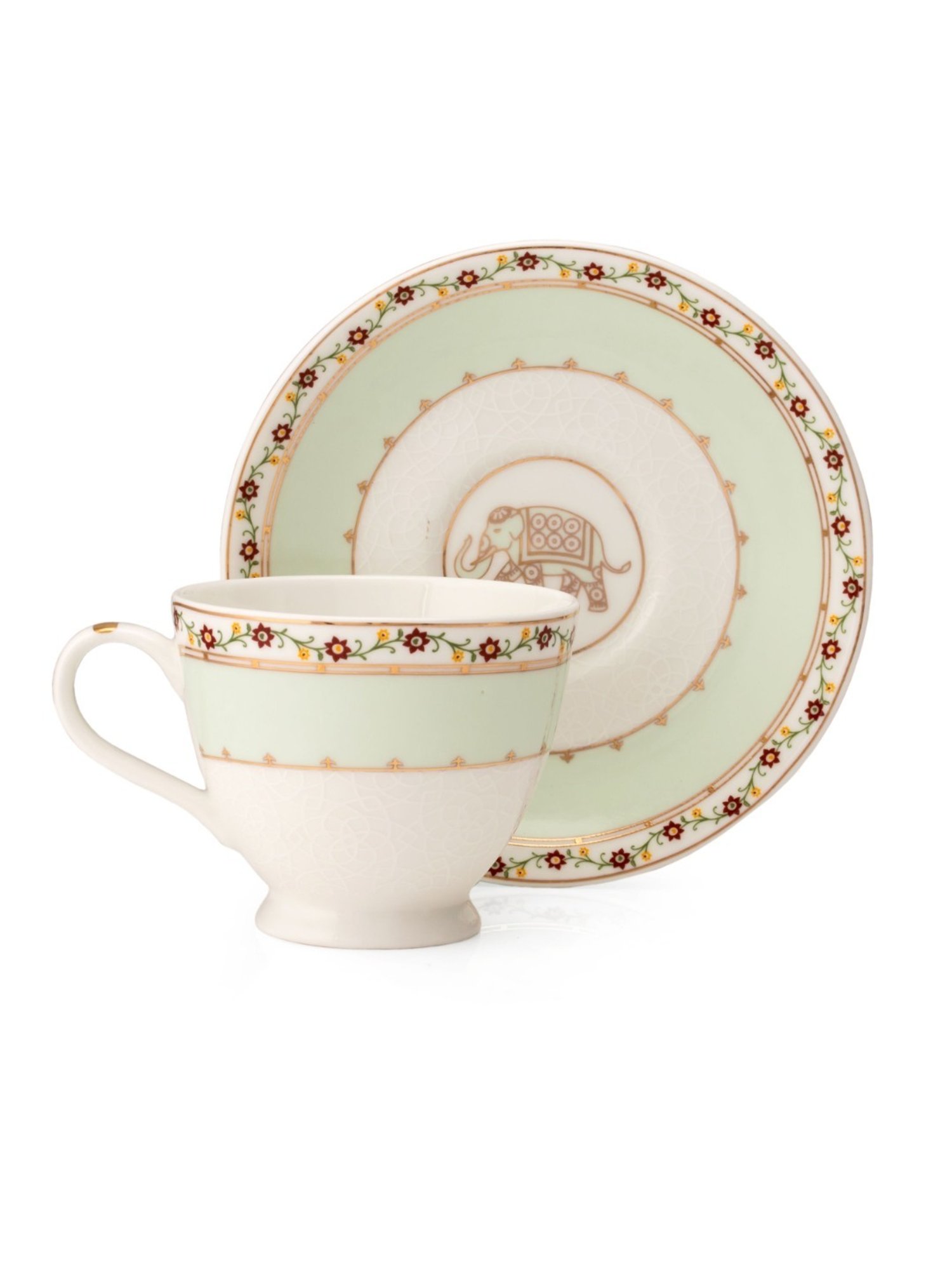 JCPL Fine Printed Green Ceramic Cup & Saucer 180 ml - Set of 12