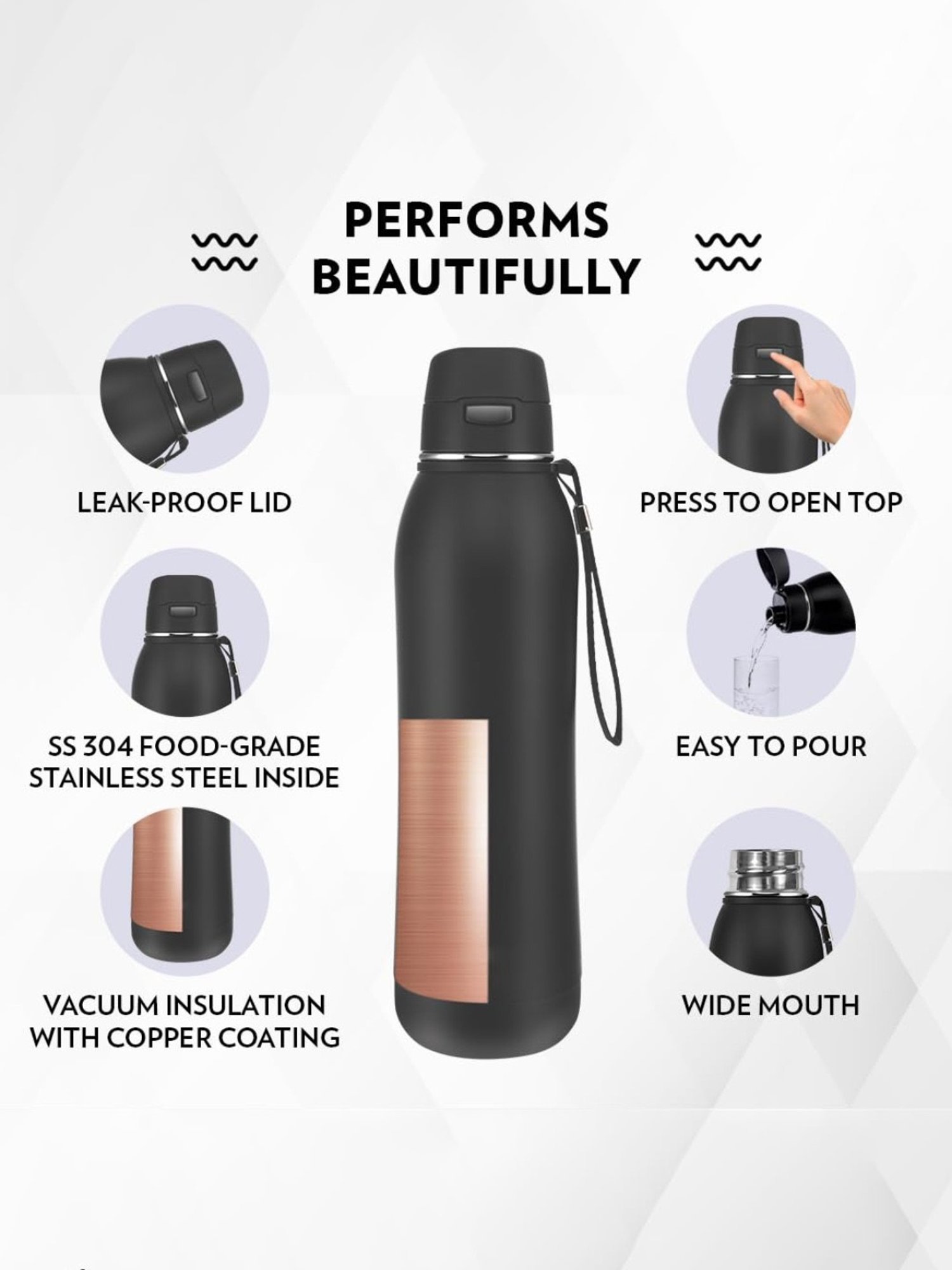 Borosil Black Stainless Steel Double Wall Vaccum Insulated Water Bottles (600ml)
