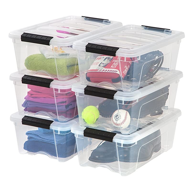 USA TB Clear Plastic Storage Bin Tote Organizing Container with Durable Lid and Secure Latching Buckles, 12 Qt, 6 Count