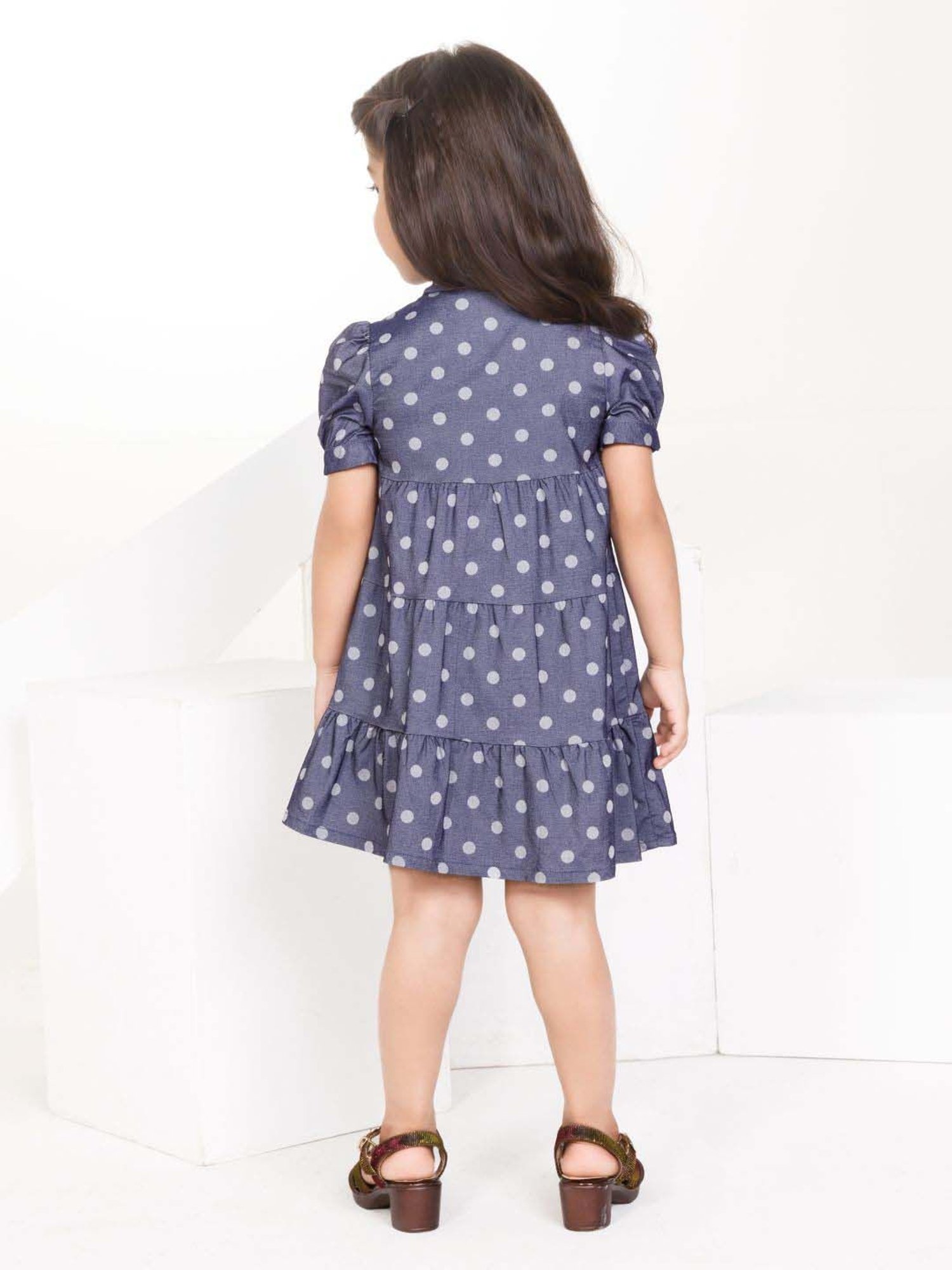 Peppermint Girls Navy Blue Cotton Printed Dress