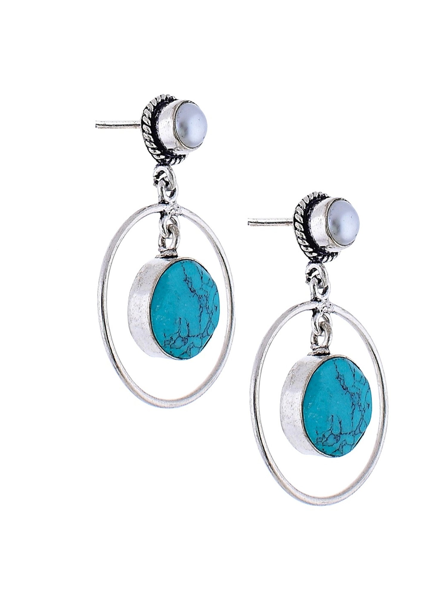 Imli Street Turquoise-White Silver Tone Stone-Studded Handcrafted Drop Earrings