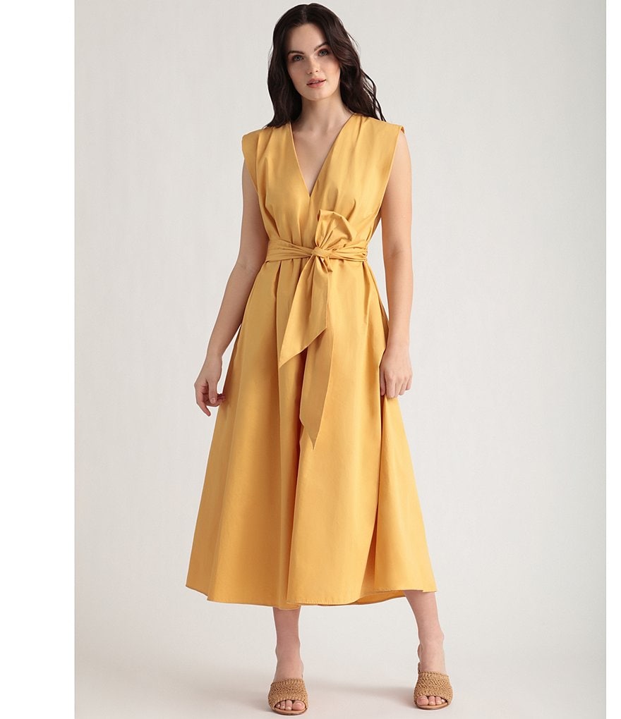 Maggy London V-Neck Tie Waist Cotton Poplin Midi Dress