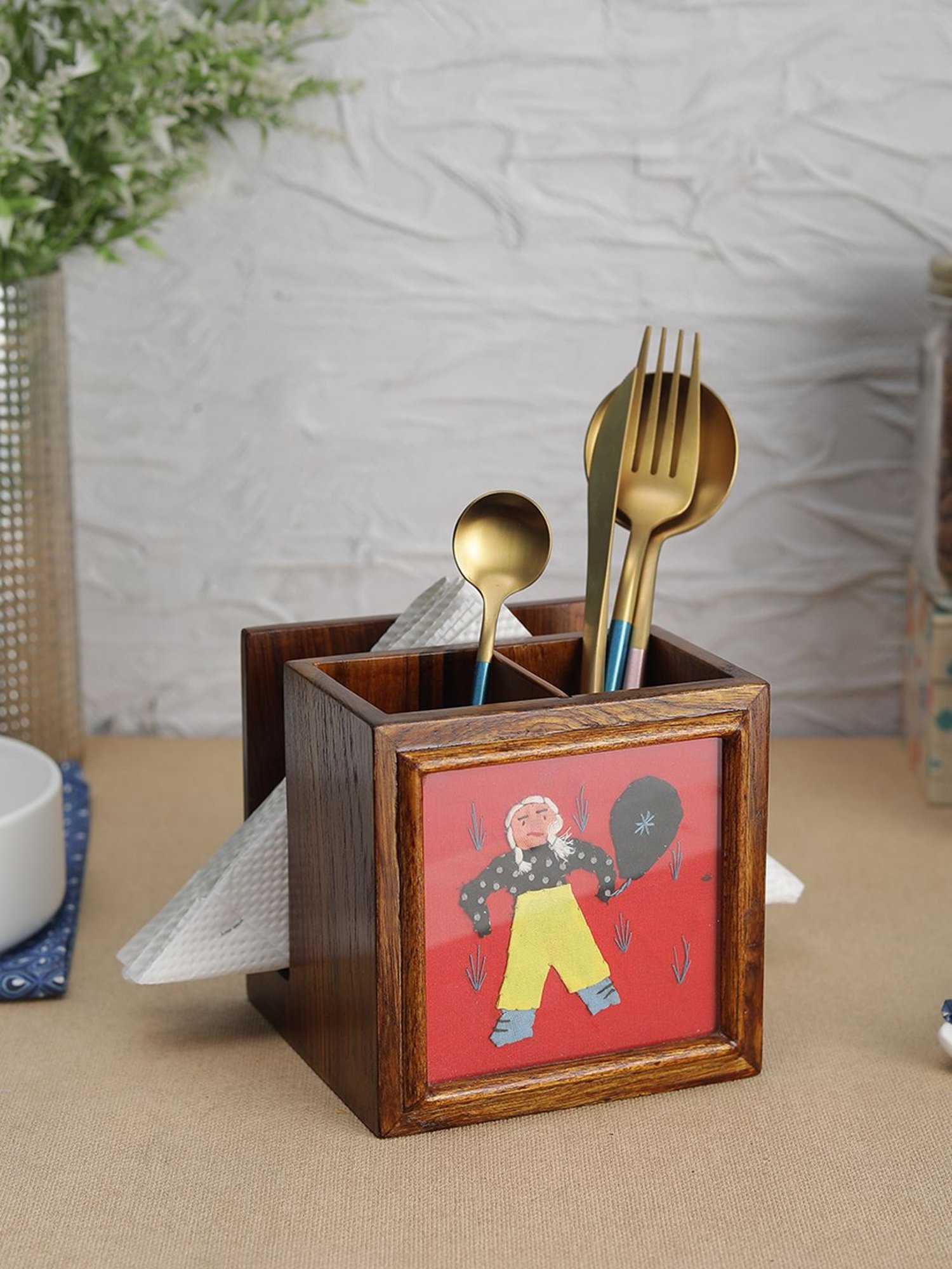 VarEesha Blue Wood Cutlery and Napkin Holder - Set of 1