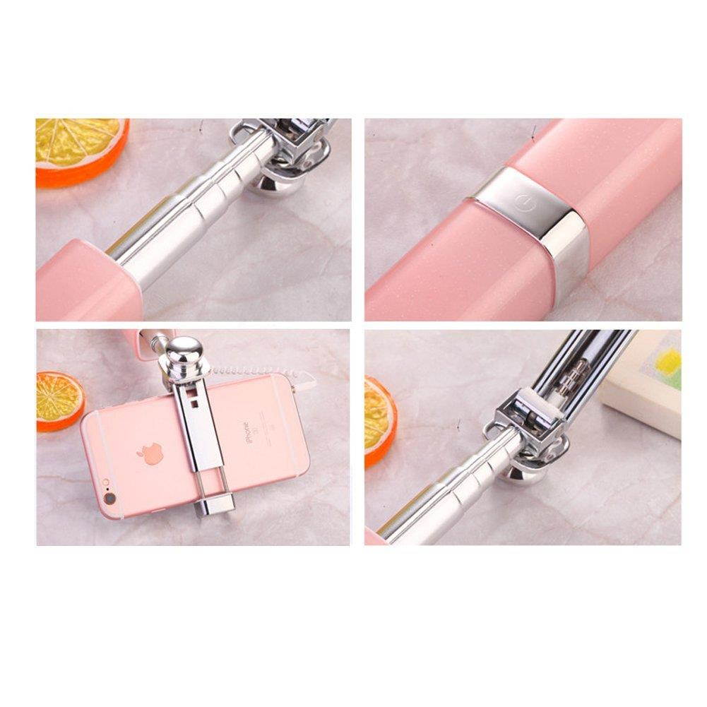 EIGIIS Simple Style Lipstick Modeling Mini Folding Retractable Wire Control Selfie Sticks For Ios Android Phone (Pink)