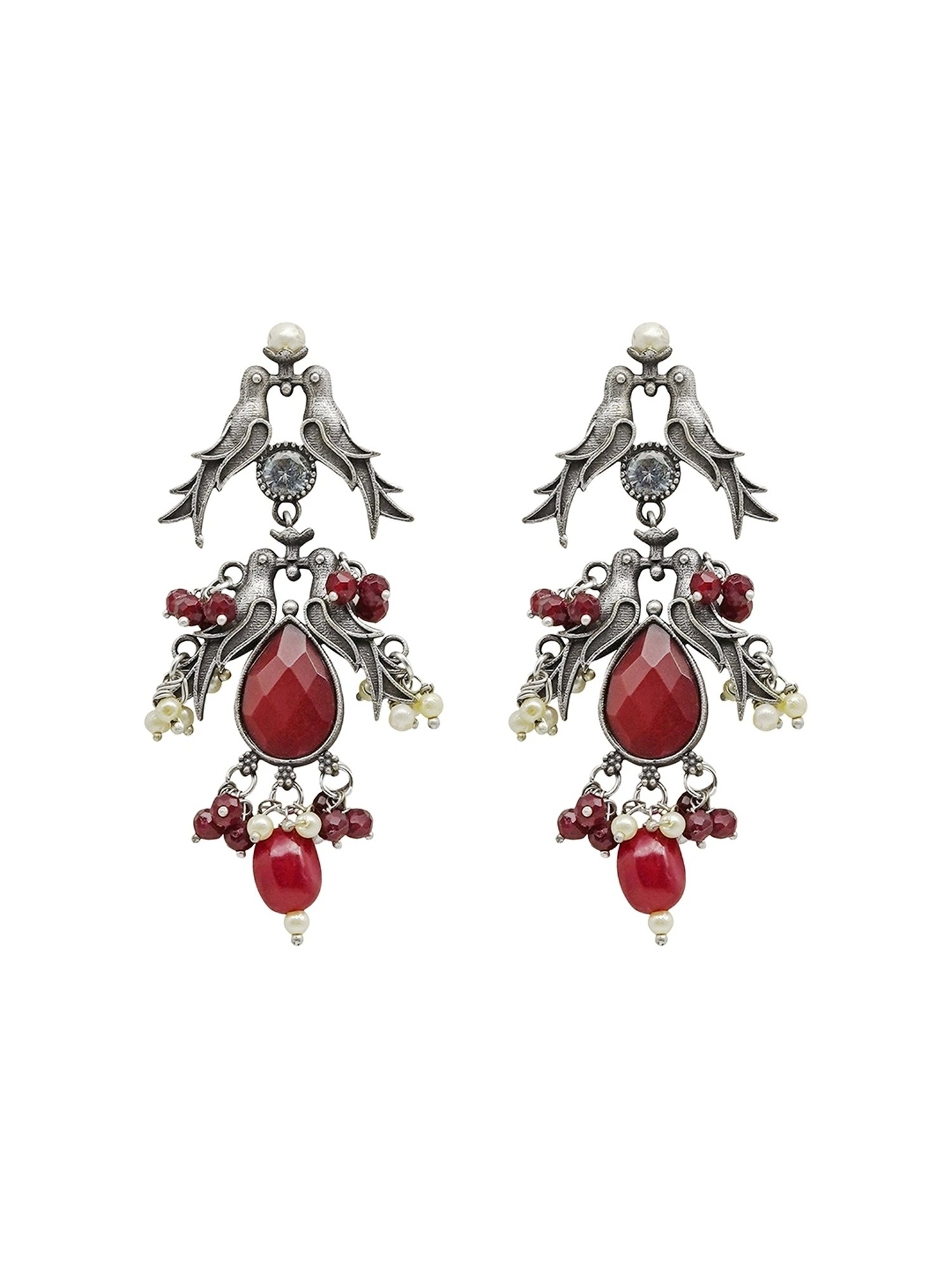 Teejh Ethnic Shyala Red and Silver Oxidized Dangler Earrings