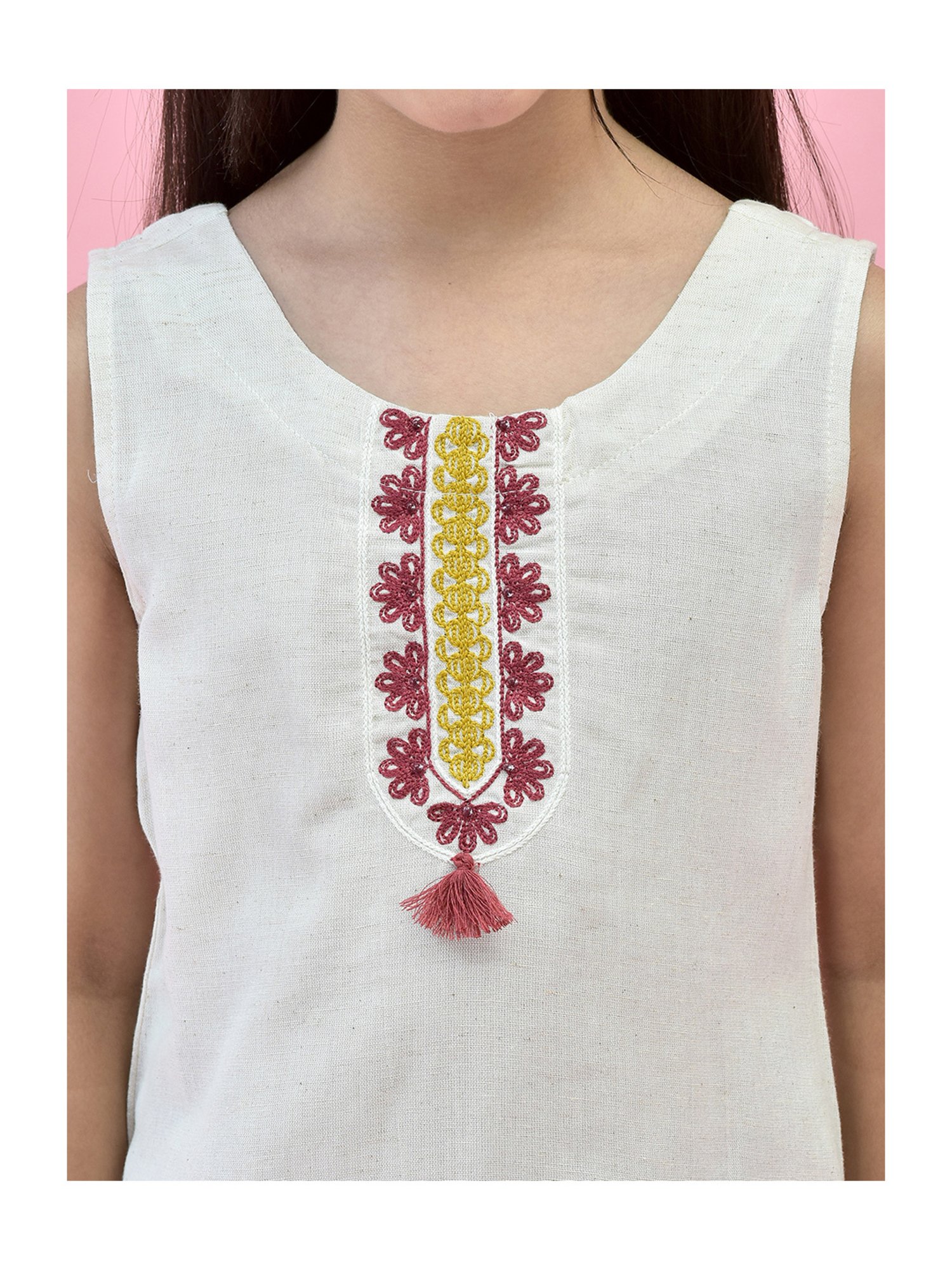 Juniper Girls White & Maroon Embroidered Kurta, Plazzos With Dupatta