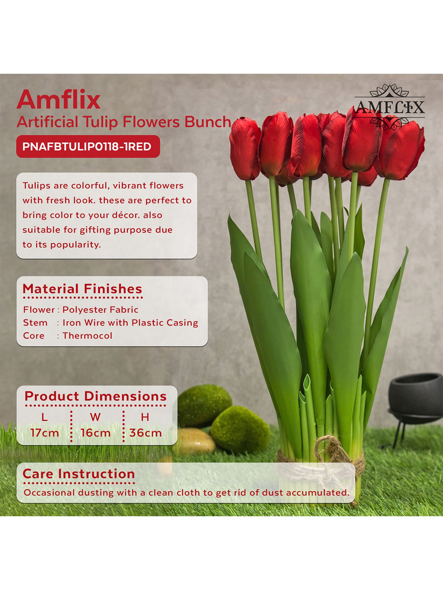 Amflix Red Artificial Tulip Flowers Bunch