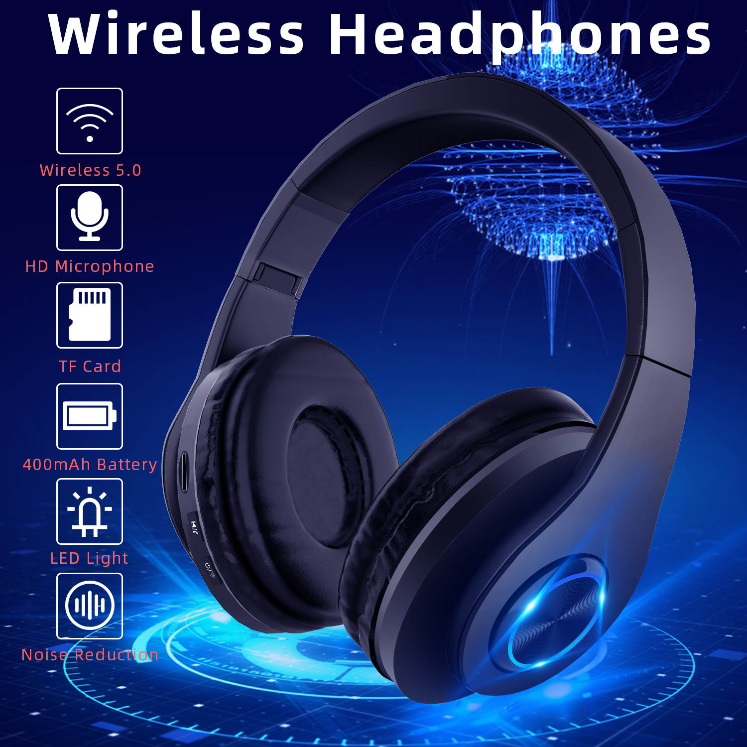 Donwell Wireless Pro Gaming Headset W/ Mic Headphones for PS5 PS4 Xbox One PC Microphone, Foldable Headphones Wireless Headset Over Ear Noise Reduction Earphone Stereo