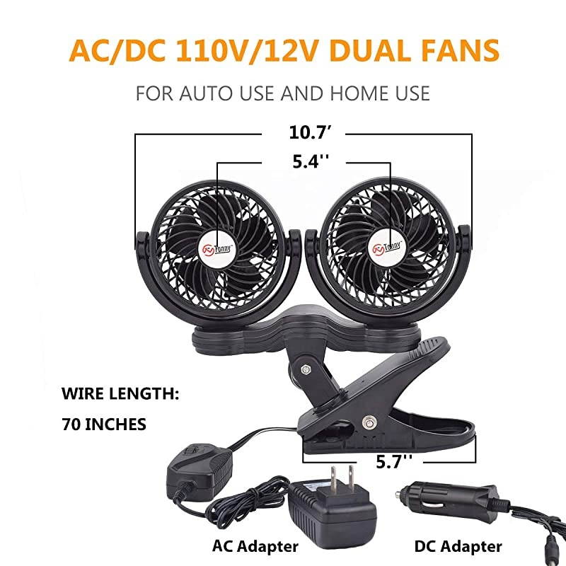 Dual Head Clip Fan 4 Inches Electric Car Clip Fans 360 Rotatable12V Cooling Air Fan with Stepless Speed Regulation for Vehicle or Home