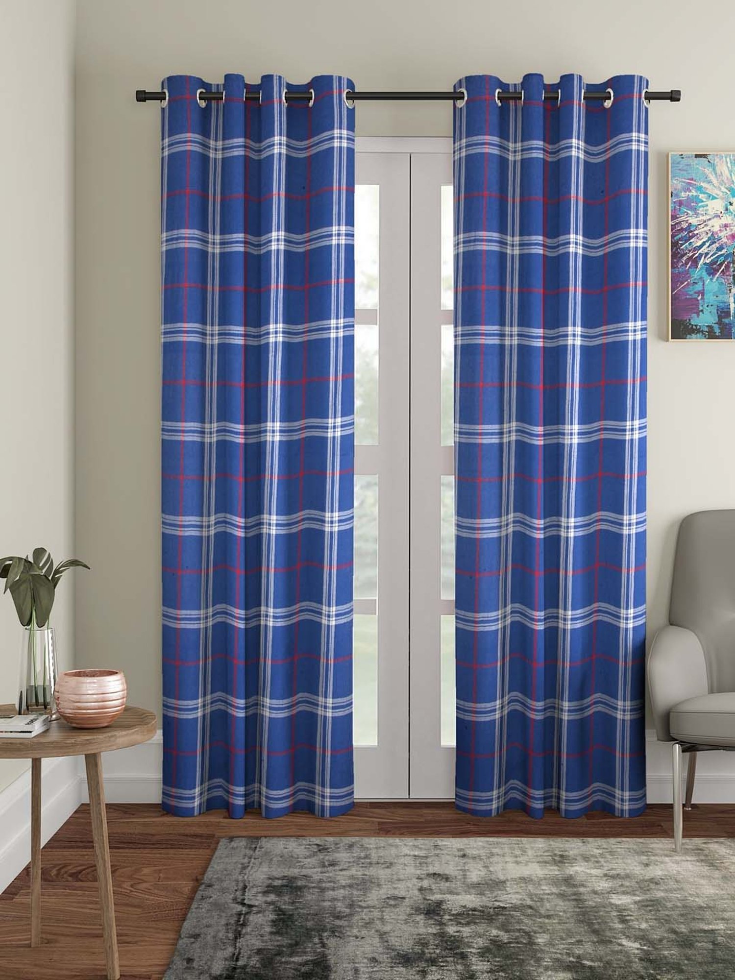 Swayam Cream & Blue Printed Faux Silk Door Curtains - Set of 2