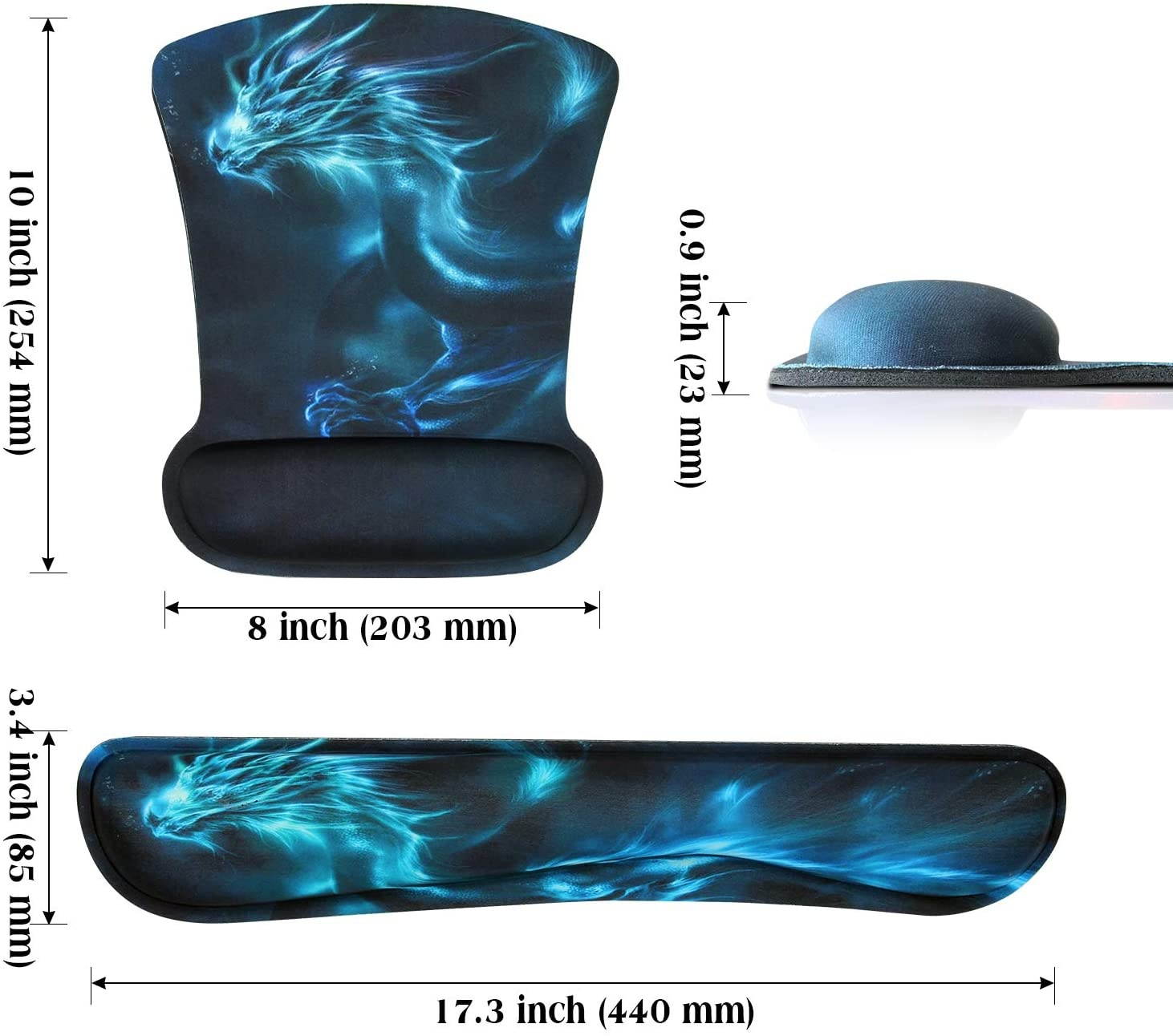 Meffort Inc Mouse Pad Wrist Support & Gaming Keyboard Wrist Pad Combo Set &ndash; Durable Ergonomic Anti Slip Non-Slip Square Base Rest Support - Blue Dragon Design