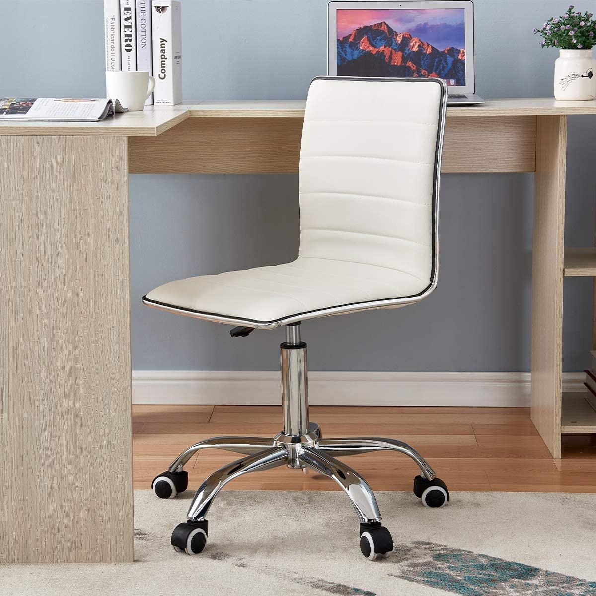 Ribbed Swivel Desk Chair Adjustable Task Chair PU Leather Mid Back Rolling Office Chair with Wheels Padded Task Conference Chair with Backrest for Office Home Computer Without Arms, White