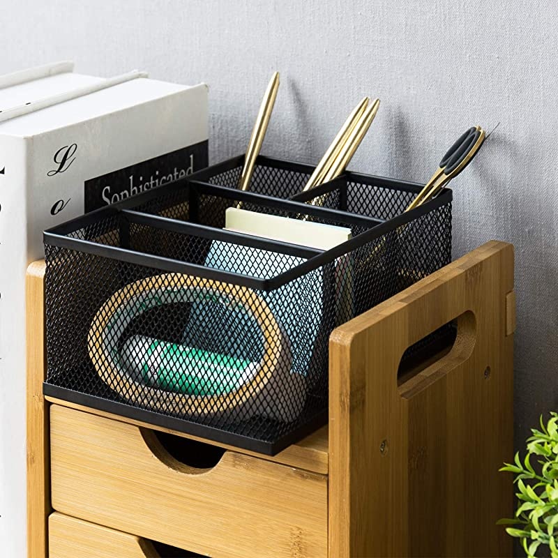 Modern Rectangular Black Metal Mesh 4 Compartment Office Supplies Storage Organizer Caddy Rack