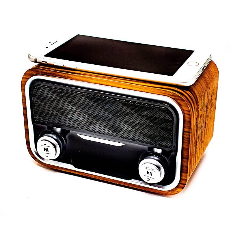 Tech Multi Station - Wireless Charger Bluetooth Clock Radio - Docking Speaker for iPhone 8, x, xs 12 and 12 Pro - Wireless Phone Charging Dock, USB, FM Radio, Bamboo Color