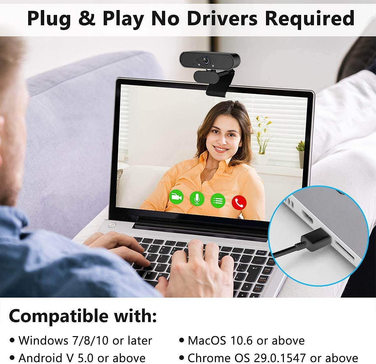 Webcam with Microphone, Automatic Focuse Full HD1080P Widescreen Webcam Lychee High Definition 1080P Camera for TV Desktop Laptop Video Calling & Recording Built-in Mic Computer Webcam Camera