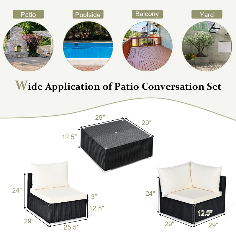 7PCS Patio Rattan Furniture Set Sectional Sofa Cushioned Glass Table Steel Frame