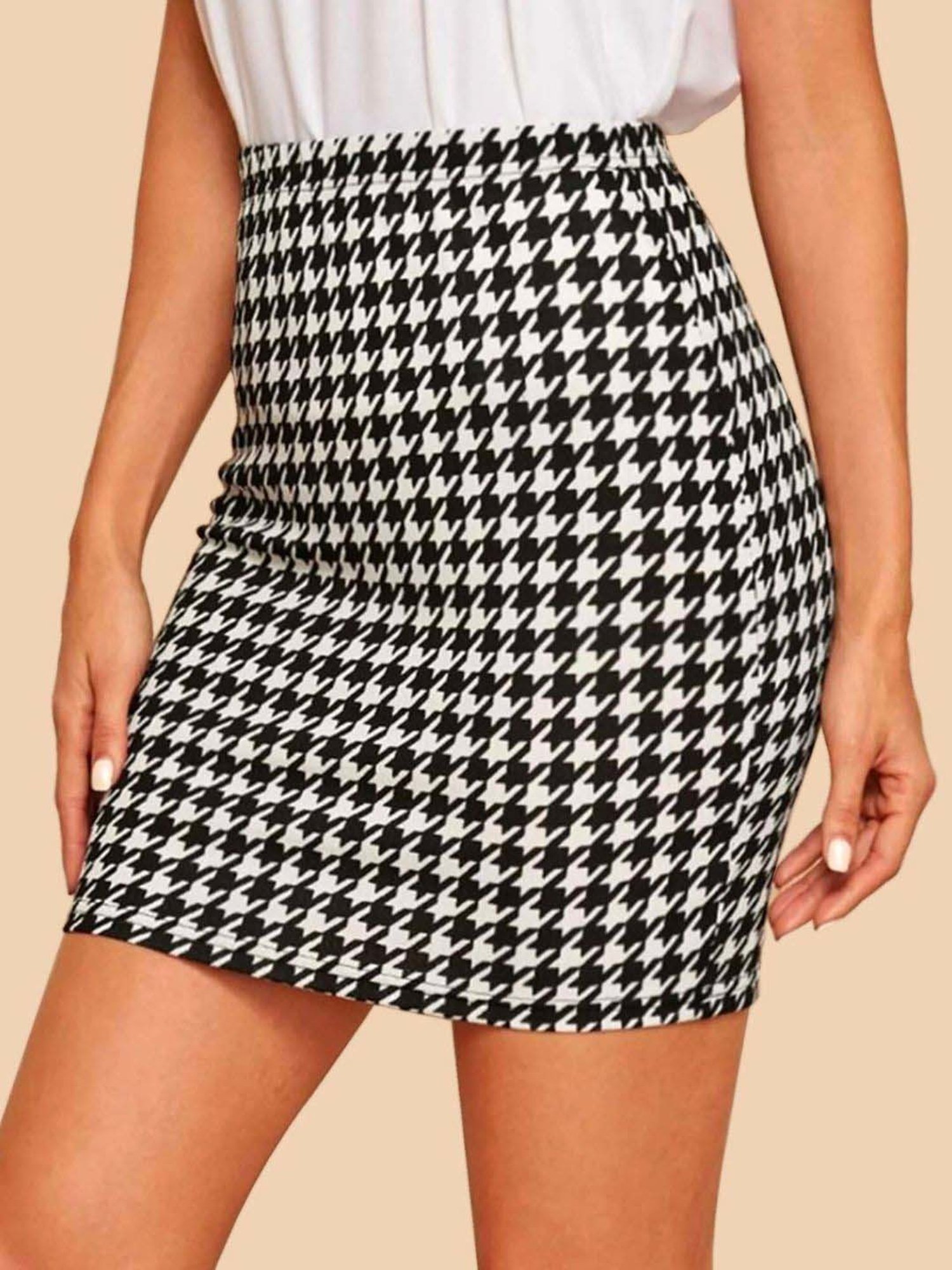 BUYNEWTREND Black & White Houndstooth Print Pencil Skirt