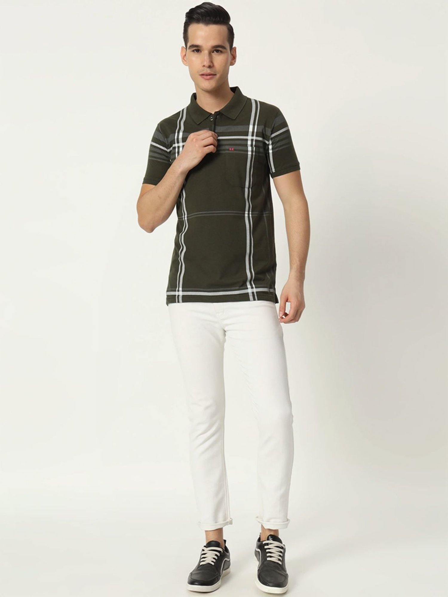 Tab91 Green Regular Fit Checks Polo T-Shirts